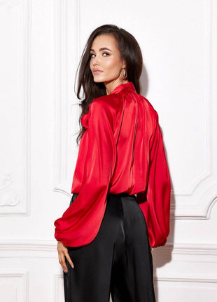Satin Blouse with Puff Sleeves & Decorative Lace-Up Neckline - MimiStylez