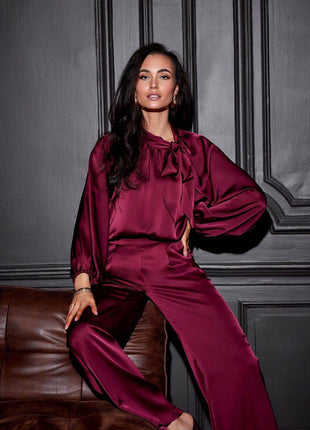 Satin Blouse with Puff Sleeves & Decorative Lace-Up Neckline - MimiStylez