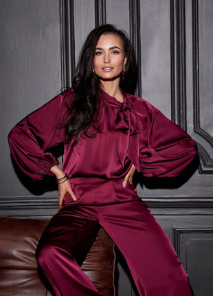 Satin Blouse with Puff Sleeves & Decorative Lace-Up Neckline - MimiStylez