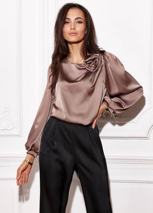 Satin Blouse with Rose Detail & Puffy Sleeves – Elegant & Flowy Fit - MimiStylez