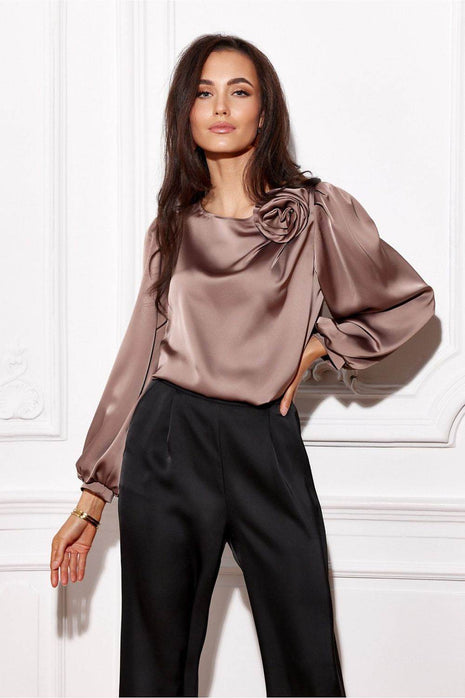 Satin Blouse with Rose Detail & Puffy Sleeves – Elegant & Flowy Fit - MimiStylez
