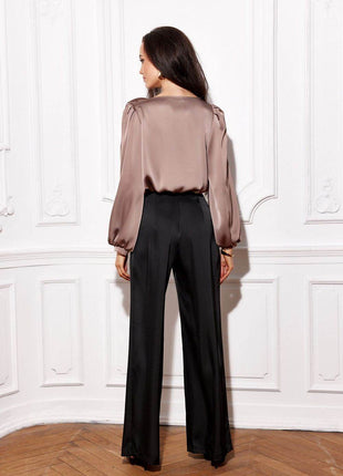 Satin Blouse with Rose Detail & Puffy Sleeves – Elegant & Flowy Fit - MimiStylez