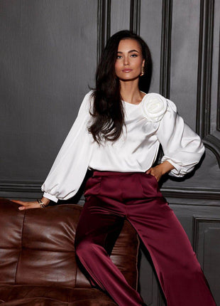 Satin Blouse with Rose Detail & Puffy Sleeves – Elegant & Flowy Fit - MimiStylez