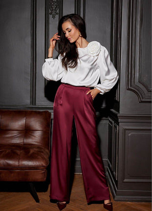 Satin Blouse with Rose Detail & Puffy Sleeves – Elegant & Flowy Fit - MimiStylez