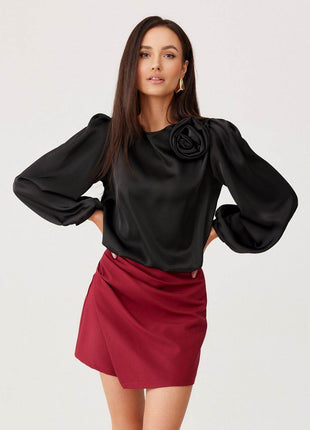 Satin Blouse with Rose Detail & Puffy Sleeves – Elegant & Flowy Fit - MimiStylez