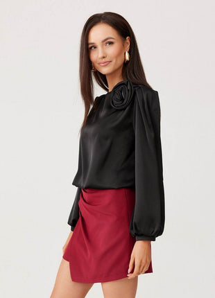 Satin Blouse with Rose Detail & Puffy Sleeves – Elegant & Flowy Fit - MimiStylez