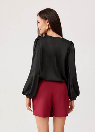 Satin Blouse with Rose Detail & Puffy Sleeves – Elegant & Flowy Fit - MimiStylez