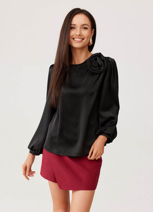 Satin Blouse with Rose Detail & Puffy Sleeves – Elegant & Flowy Fit - MimiStylez
