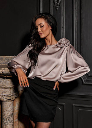 Satin Blouse with Rose Detail & Puffy Sleeves – Elegant & Flowy Fit - MimiStylez