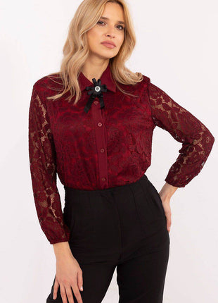 Elegant Lace Shirt with Classic Collar & Detachable Brooch – Formal & Feminine Style with Sheer Sleeves - MimiStylez