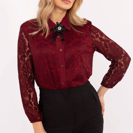 Elegant Lace Shirt with Classic Collar & Detachable Brooch – Formal & Feminine Style with Sheer Sleeves - MimiStylez