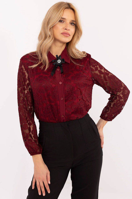 Elegant Lace Shirt with Classic Collar & Detachable Brooch – Formal & Feminine Style with Sheer Sleeves - MimiStylez