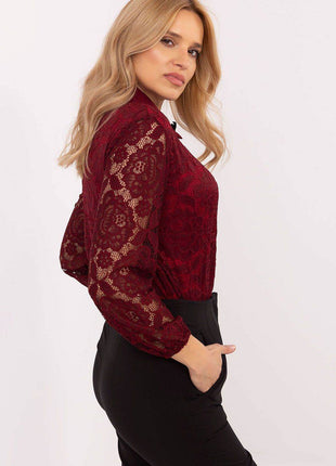 Elegant Lace Shirt with Classic Collar & Detachable Brooch – Formal & Feminine Style with Sheer Sleeves - MimiStylez