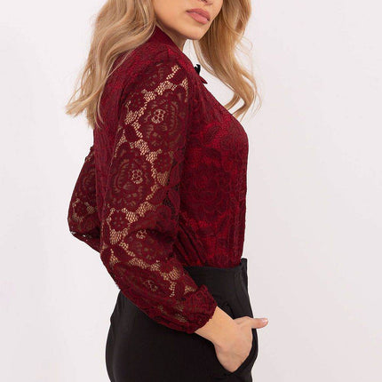Elegant Lace Shirt with Classic Collar & Detachable Brooch – Formal & Feminine Style with Sheer Sleeves - MimiStylez