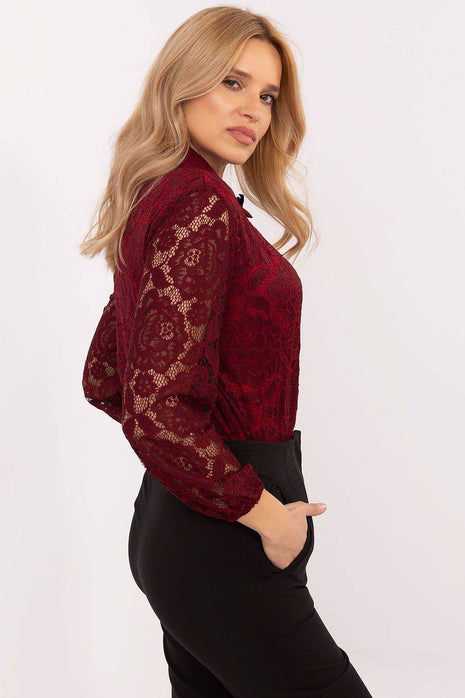 Elegant Lace Shirt with Classic Collar & Detachable Brooch – Formal & Feminine Style with Sheer Sleeves - MimiStylez