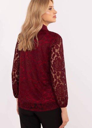 Elegant Lace Shirt with Classic Collar & Detachable Brooch – Formal & Feminine Style with Sheer Sleeves - MimiStylez