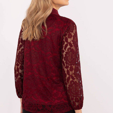 Elegant Lace Shirt with Classic Collar & Detachable Brooch – Formal & Feminine Style with Sheer Sleeves - MimiStylez