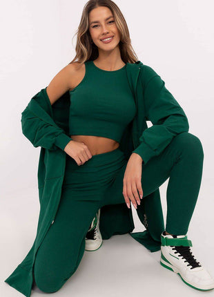 3-Piece Cotton Ribbed Set – Zip Hoodie, Fitted Top & High-Waisted Leggings - MimiStylez