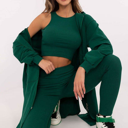 3-Piece Cotton Ribbed Set – Zip Hoodie, Fitted Top & High-Waisted Leggings - MimiStylez