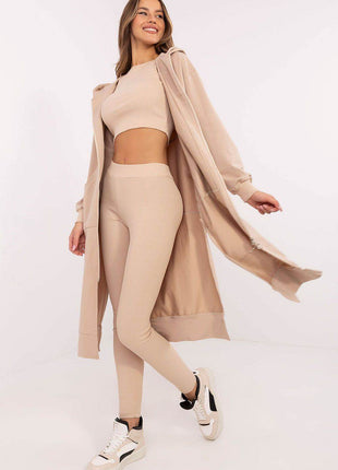 3-Piece Cotton Ribbed Set – Zip Hoodie, Fitted Top & High-Waisted Leggings - MimiStylez