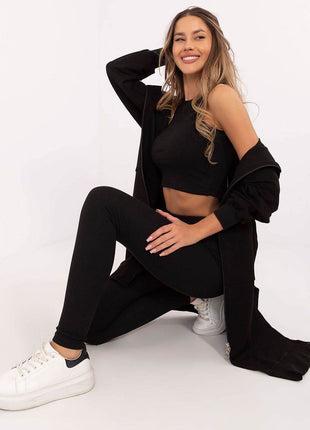 3-Piece Cotton Ribbed Set – Zip Hoodie, Fitted Top & High-Waisted Leggings - MimiStylez