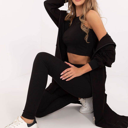 3-Piece Cotton Ribbed Set – Zip Hoodie, Fitted Top & High-Waisted Leggings - MimiStylez