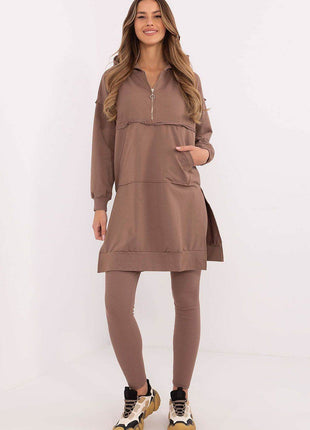 Hooded Long Sweatshirt and High-Waisted Leggings Cotton Set - MimiStylez