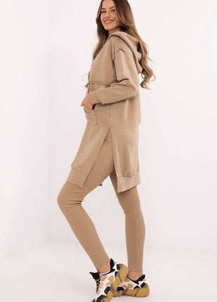 Hooded Long Sweatshirt and High-Waisted Leggings Cotton Set - MimiStylez