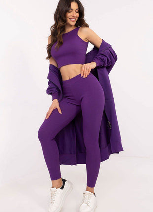 3-Piece Cotton Ribbed Set – Zip Hoodie, Fitted Top & High-Waisted Leggings - MimiStylez