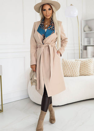 Beige Coat with Colorful Collar Inserts, Belt & Pockets - MimiStylez