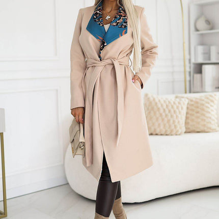 Beige Coat with Colorful Collar Inserts, Belt & Pockets - MimiStylez