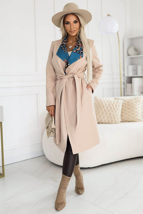 Beige Coat with Colorful Collar Inserts, Belt & Pockets - MimiStylez