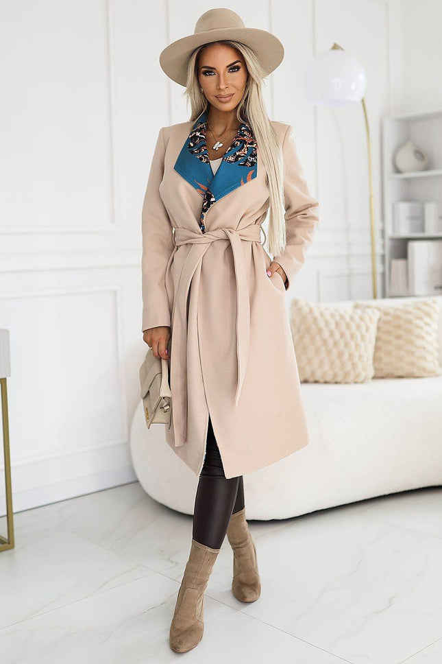 Beige Coat with Colorful Collar Inserts, Belt & Pockets - MimiStylez