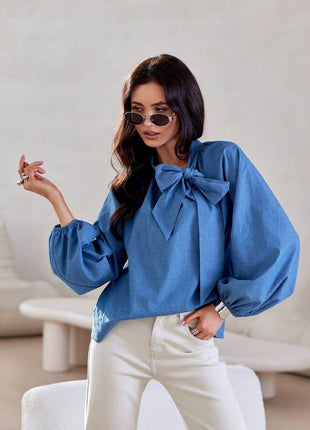 100% Cotton Blouse with Puff Sleeves & Decorative Lace-Up Neckline - MimiStylez