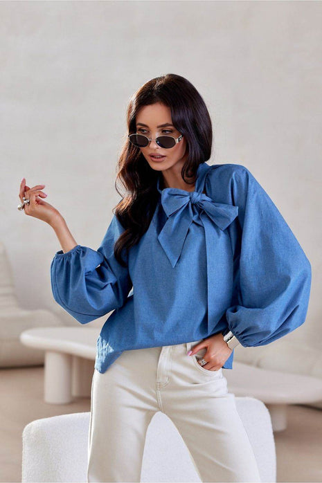 100% Cotton Blouse with Puff Sleeves & Decorative Lace-Up Neckline - MimiStylez