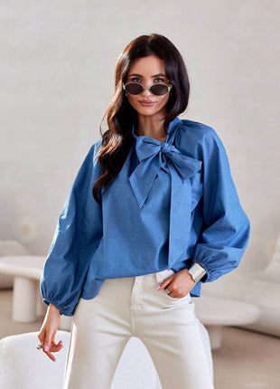 100% Cotton Blouse with Puff Sleeves & Decorative Lace-Up Neckline - MimiStylez