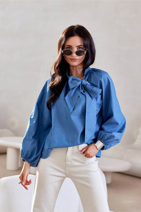 100% Cotton Blouse with Puff Sleeves & Decorative Lace-Up Neckline - MimiStylez