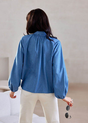 100% Cotton Blouse with Puff Sleeves & Decorative Lace-Up Neckline - MimiStylez