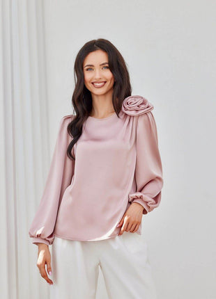 Satin Blouse with Rose Detail & Puffy Sleeves – Elegant & Flowy Fit - MimiStylez