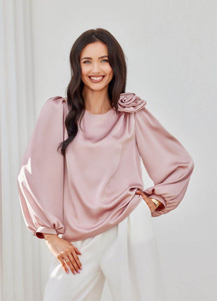 Satin Blouse with Rose Detail & Puffy Sleeves – Elegant & Flowy Fit - MimiStylez
