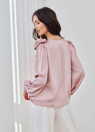Satin Blouse with Rose Detail & Puffy Sleeves – Elegant & Flowy Fit - MimiStylez