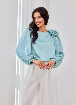 Satin Blouse with Rose Detail & Puffy Sleeves – Elegant & Flowy Fit - MimiStylez