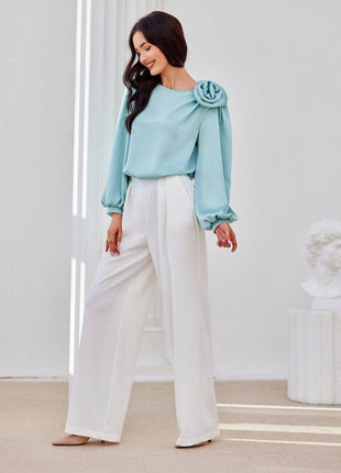 Satin Blouse with Rose Detail & Puffy Sleeves – Elegant & Flowy Fit - MimiStylez