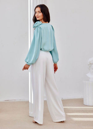 Satin Blouse with Rose Detail & Puffy Sleeves – Elegant & Flowy Fit - MimiStylez