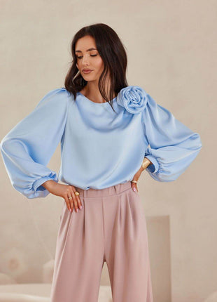 Satin Blouse with Rose Detail & Puffy Sleeves – Elegant & Flowy Fit - MimiStylez