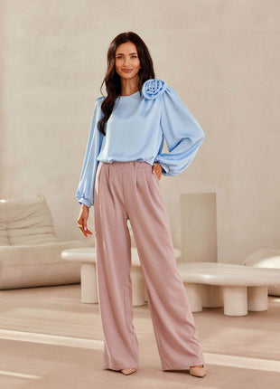Satin Blouse with Rose Detail & Puffy Sleeves – Elegant & Flowy Fit - MimiStylez