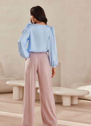 Satin Blouse with Rose Detail & Puffy Sleeves – Elegant & Flowy Fit - MimiStylez