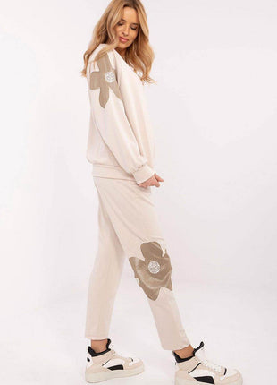 Women's Tracksuit Set with Floral Zircon Inserts – Sweatshirt & High-Waist Pants - MimiStylez