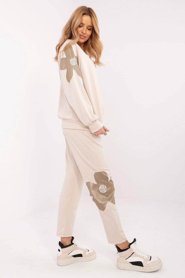 Women's Tracksuit Set with Floral Zircon Inserts – Sweatshirt & High-Waist Pants - MimiStylez
