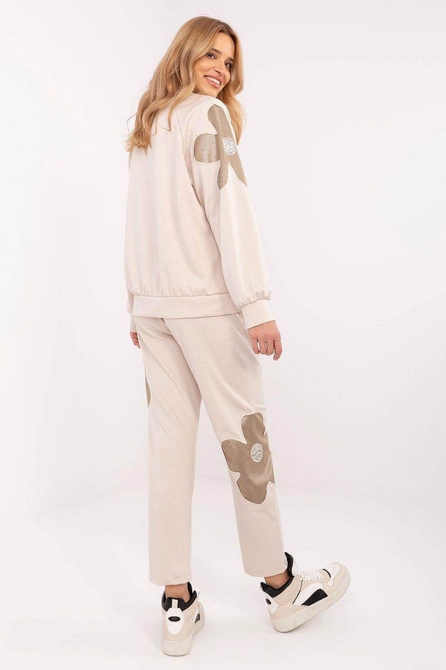 Women's Tracksuit Set with Floral Zircon Inserts – Sweatshirt & High-Waist Pants - MimiStylez